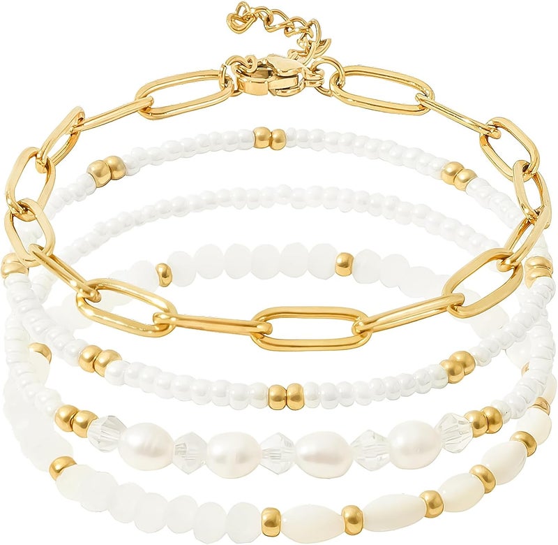 Pymach Store Dainty Gold Plated Pearl Crystal Beaded Bracelets Set for Women 14K Gold Plated Bead Pearl Beads Bracelet Stackable Paperclip Link Chain Bracelets Gold Plated Bracelets for Women Trendy Jewelry - Image 1